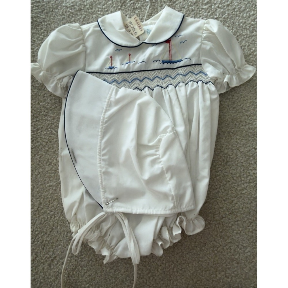 Vintage A Little Angel Baby Romper 12M NWT Hand Smocked Sailboat Bonnet Nautical